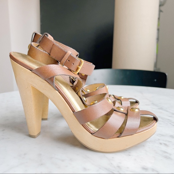 Michael by Michael Kors NWOT High Heel Platform Sandals Brown Leather Studded - Picture 2 of 12